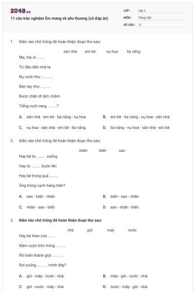 11 câu trắc nghiệm Em mang về yêu thương (có đáp án)