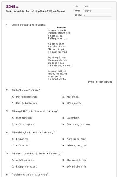 5 câu trắc nghiệm Đọc mở rộng (trang 115) (có đáp án)