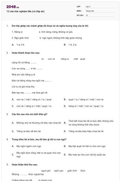 12 câu trắc nghiệm Mẹ (có đáp án)