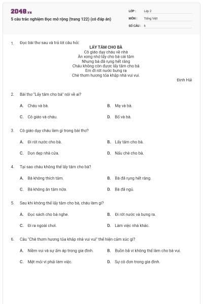 5 câu trắc nghiệm Đọc mở rộng (trang 122) (có đáp án)