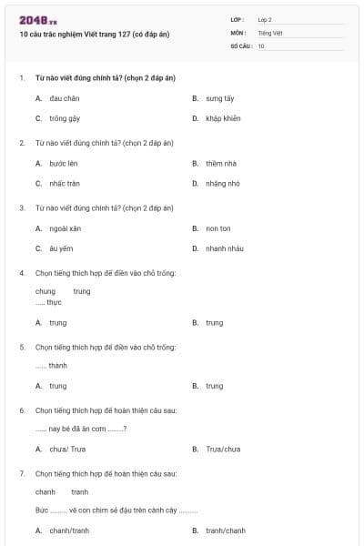 10 câu trắc nghiệm Viết trang 127 (có đáp án)