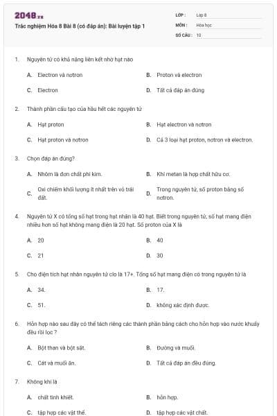 Trắc nghiệm Hóa 8 Bài 8 (có đáp án): Bài luyện tập 1