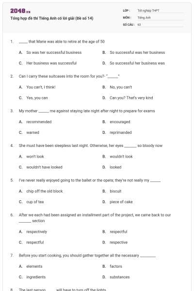 Tổng hợp đề thi Tiếng Anh có lời giải (Đề số 14)