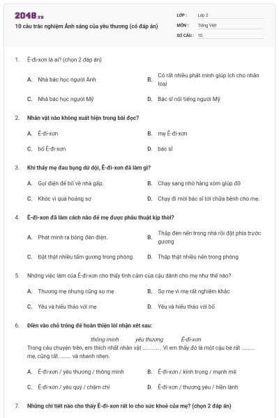 10 câu trắc nghiệm Ánh sáng của yêu thương (có đáp án)