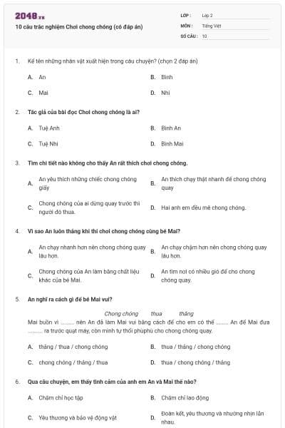 10 câu trắc nghiệm Chơi chong chóng (có đáp án)