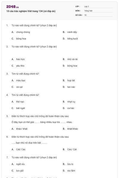 10 câu trắc nghiệm Viết trang 134 (có đáp án)