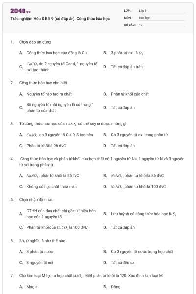 Trắc nghiệm Hóa 8 Bài 9 (có đáp án): Công thức hóa học