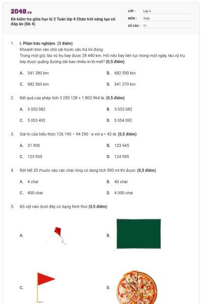 Đề kiểm tra giữa học kì 2 Toán lớp 4 Chân trời sáng tạo có đáp án (Đề 4)