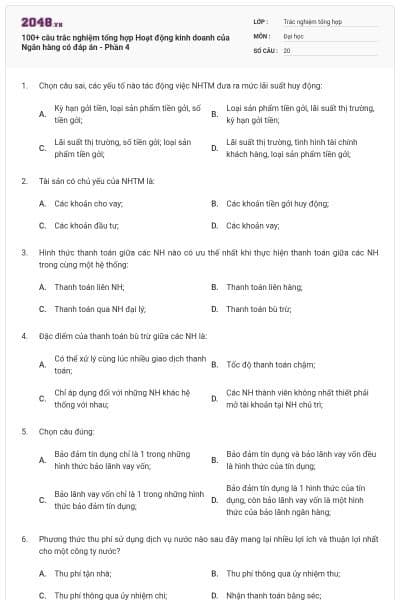100+ câu trắc nghiệm tổng hợp Hoạt động kinh doanh của Ngân hàng có đáp án - Phần 4