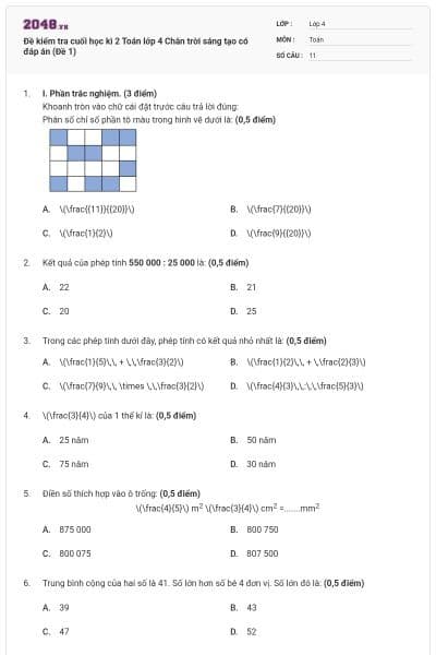 Đề kiểm tra cuối học kì 2 Toán lớp 4 Chân trời sáng tạo có đáp án (Đề 1)