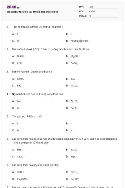 Trắc nghiệm Hóa 8 Bài 10 (có đáp án): Hóa trị