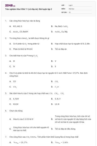 Trắc nghiệm Hóa 8 Bài 11 (có đáp án): Bài luyện tập 2
