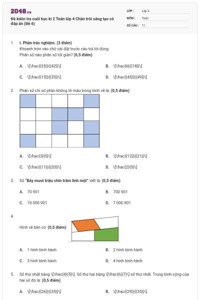 Đề kiểm tra cuối học kì 2 Toán lớp 4 Chân trời sáng tạo có đáp án (Đề 6)