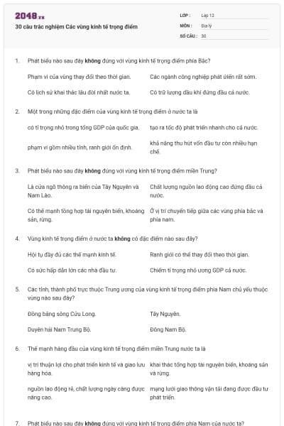 30 câu trắc nghiệm Các vùng kinh tế trọng điểm