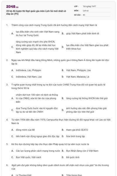 20 bộ đề luyện thi thpt quốc gia môn Lịch Sử mới nhất có đáp án (P5)