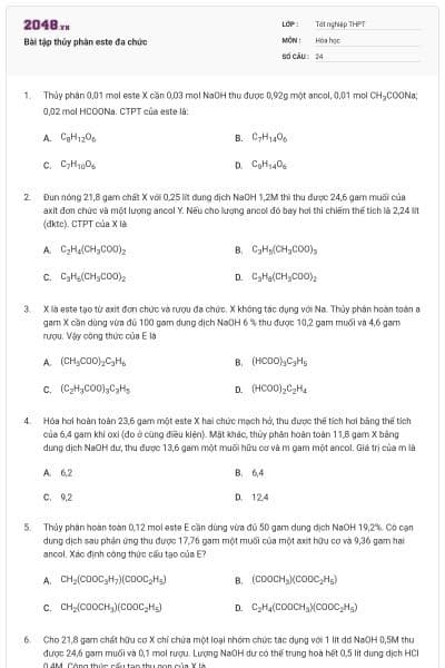 Bài tập thủy phân este đa chức