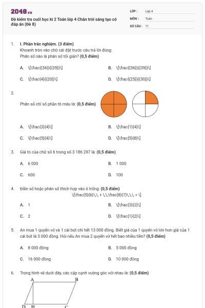 Đề kiểm tra cuối học kì 2 Toán lớp 4 Chân trời sáng tạo có đáp án (Đề 8)