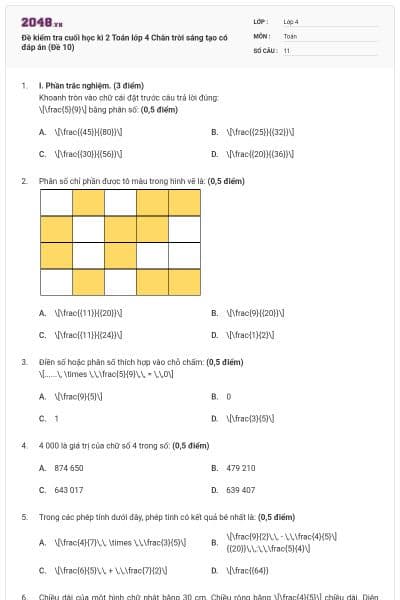 Đề kiểm tra cuối học kì 2 Toán lớp 4 Chân trời sáng tạo có đáp án (Đề 10)