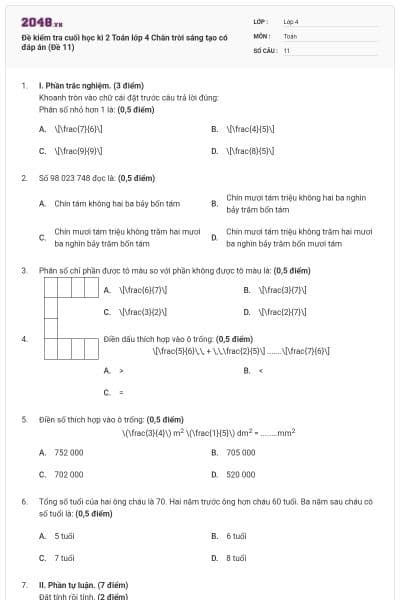 Đề kiểm tra cuối học kì 2 Toán lớp 4 Chân trời sáng tạo có đáp án (Đề 11)