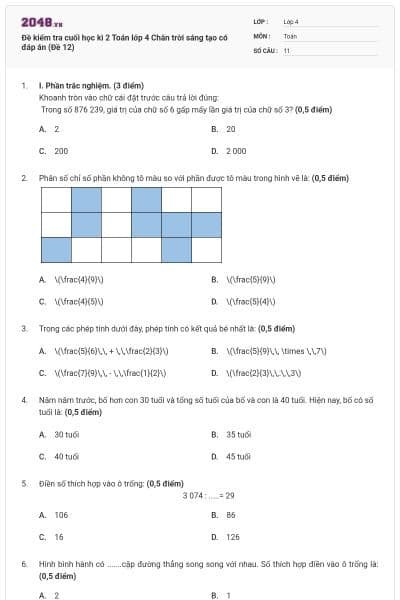 Đề kiểm tra cuối học kì 2 Toán lớp 4 Chân trời sáng tạo có đáp án (Đề 12)