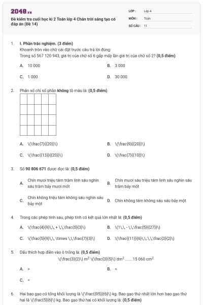 Đề kiểm tra cuối học kì 2 Toán lớp 4 Chân trời sáng tạo có đáp án (Đề 14)