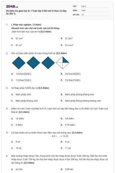 Đề kiểm tra giữa học kì 1 Toán lớp 5 Kết nối tri thức có đáp án (Đề 1)