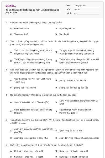 20 bộ đề luyện thi thpt quốc gia môn Lịch Sử mới nhất có đáp án (P6)
