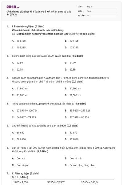 Đề kiểm tra giữa học kì 1 Toán lớp 5 Kết nối tri thức có đáp án (Đề 3)