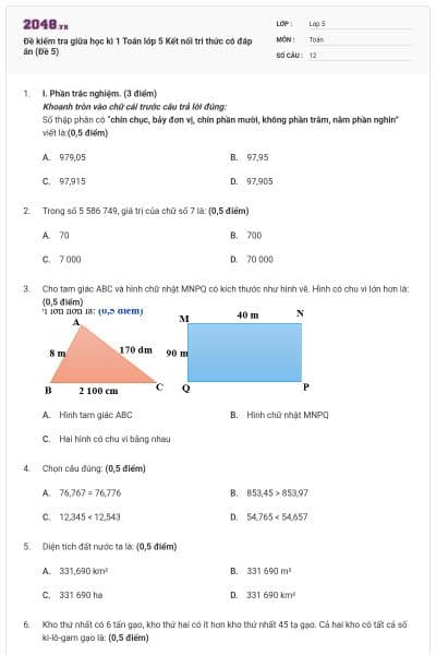 Đề kiểm tra giữa học kì 1 Toán lớp 5 Kết nối tri thức có đáp án (Đề 5)