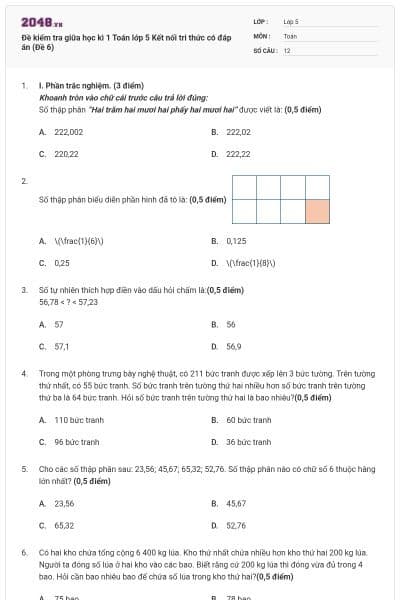 Đề kiểm tra giữa học kì 1 Toán lớp 5 Kết nối tri thức có đáp án (Đề 6)