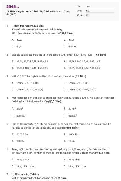 Đề kiểm tra giữa học kì 1 Toán lớp 5 Kết nối tri thức có đáp án (Đề 7)