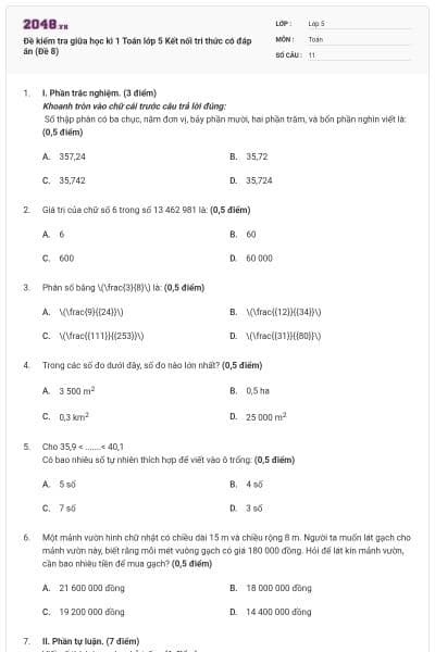 Đề kiểm tra giữa học kì 1 Toán lớp 5 Kết nối tri thức có đáp án (Đề 8)