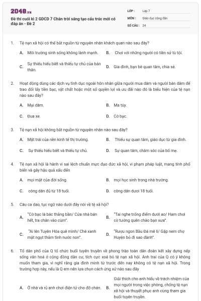 Đề thi cuối kì 2 GDCD 7 Chân trời sáng tạo cấu trúc mới có đáp án - Đề 2
