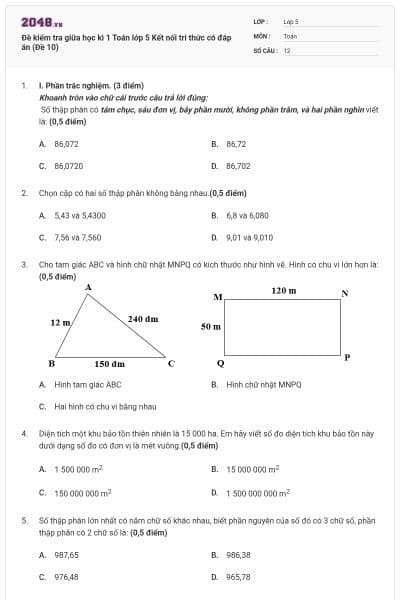 Đề kiểm tra giữa học kì 1 Toán lớp 5 Kết nối tri thức có đáp án (Đề 10)