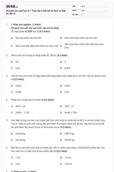 Đề kiểm tra cuối học kì 1 Toán lớp 5 Kết nối tri thức có đáp án (Đề 3)