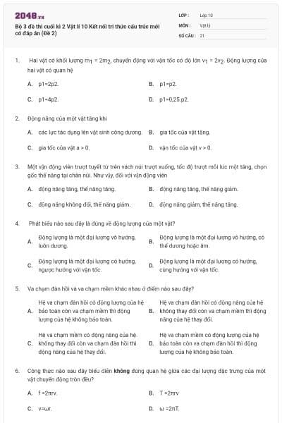 Bộ 3 đề thi cuối kì 2 Vật lí 10 Kết nối tri thức cấu trúc mới có đáp án (Đề 2)