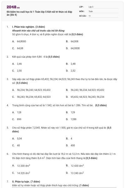 Đề kiểm tra cuối học kì 1 Toán lớp 5 Kết nối tri thức có đáp án (Đề 4)