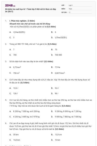 Đề kiểm tra cuối học kì 1 Toán lớp 5 Kết nối tri thức có đáp án (Đề 5)