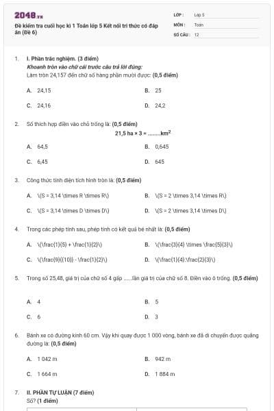 Đề kiểm tra cuối học kì 1 Toán lớp 5 Kết nối tri thức có đáp án (Đề 6)