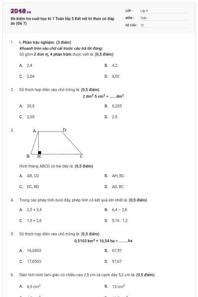 Đề kiểm tra cuối học kì 1 Toán lớp 5 Kết nối tri thức có đáp án (Đề 7)