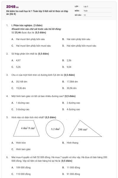 Đề kiểm tra cuối học kì 1 Toán lớp 5 Kết nối tri thức có đáp án (Đề 8)