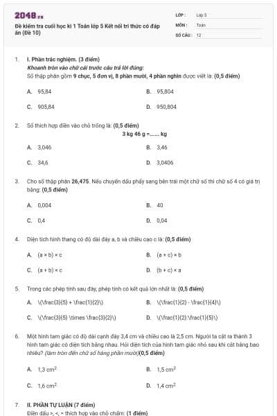 Đề kiểm tra cuối học kì 1 Toán lớp 5 Kết nối tri thức có đáp án (Đề 10)