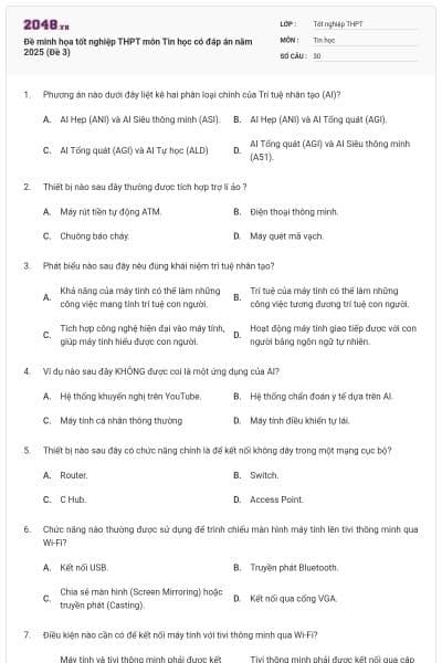 Đề minh họa tốt nghiệp THPT môn Tin học có đáp án năm 2025 (Đề 3)