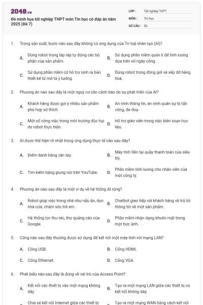 Đề minh họa tốt nghiệp THPT môn Tin học có đáp án năm 2025 (Đề 7)