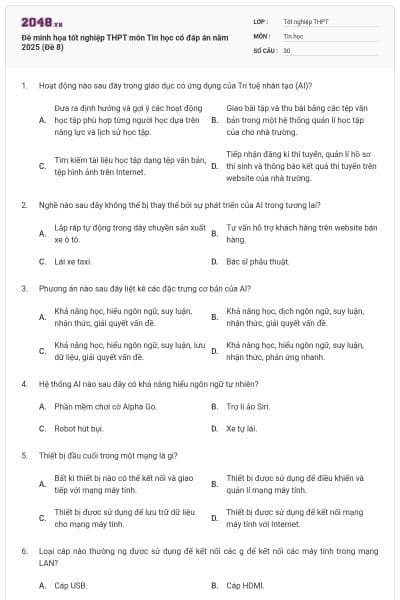 Đề minh họa tốt nghiệp THPT môn Tin học có đáp án năm 2025 (Đề 8)