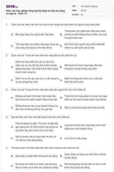 500+ câu trắc nghiệm tổng hợp Kỹ thuật an toàn lao động có đáp án - Phần 15
