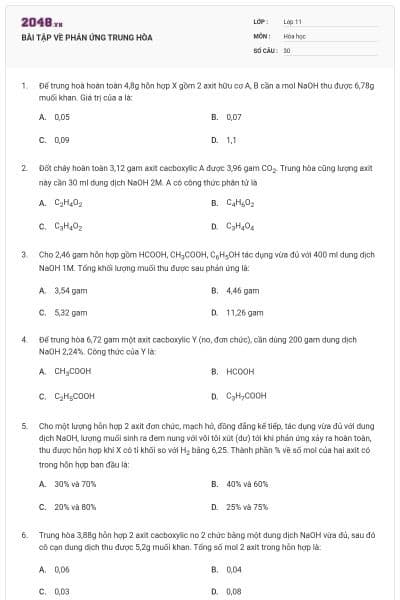 BÀI TẬP VỀ PHẢN ỨNG TRUNG HÒA
