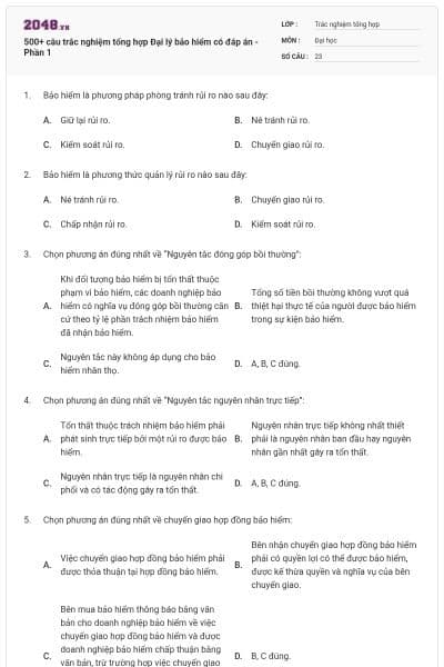 500+ câu trắc nghiệm tổng hợp Đại lý bảo hiểm có đáp án - Phần 1