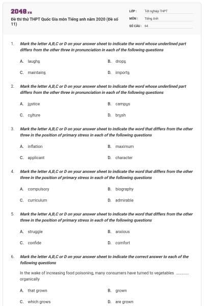 Đề thi thử THPT Quốc Gia môn Tiếng anh năm 2020 (Đề số 11)
