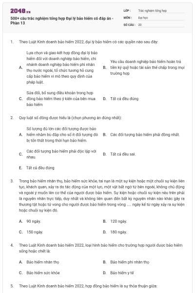500+ câu trắc nghiệm tổng hợp Đại lý bảo hiểm có đáp án - Phần 13